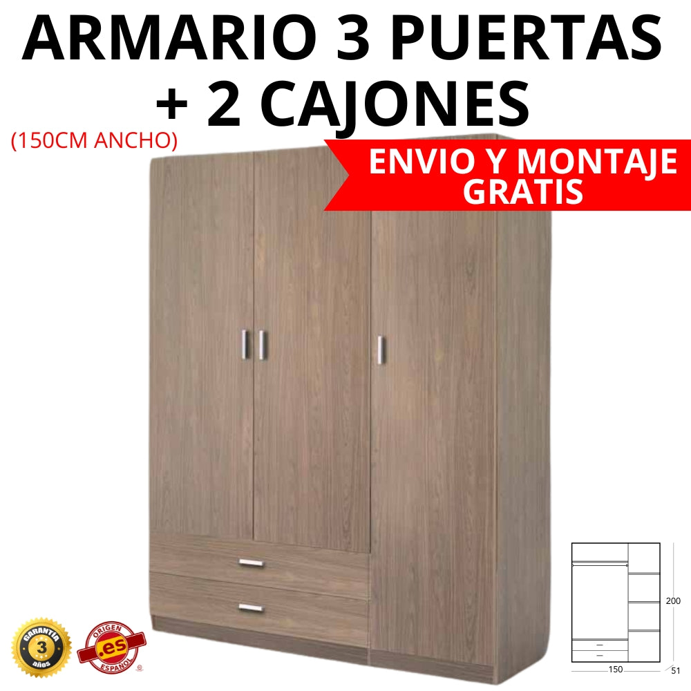 ARMARIO 3 PUERTAS + 2 CAJONES