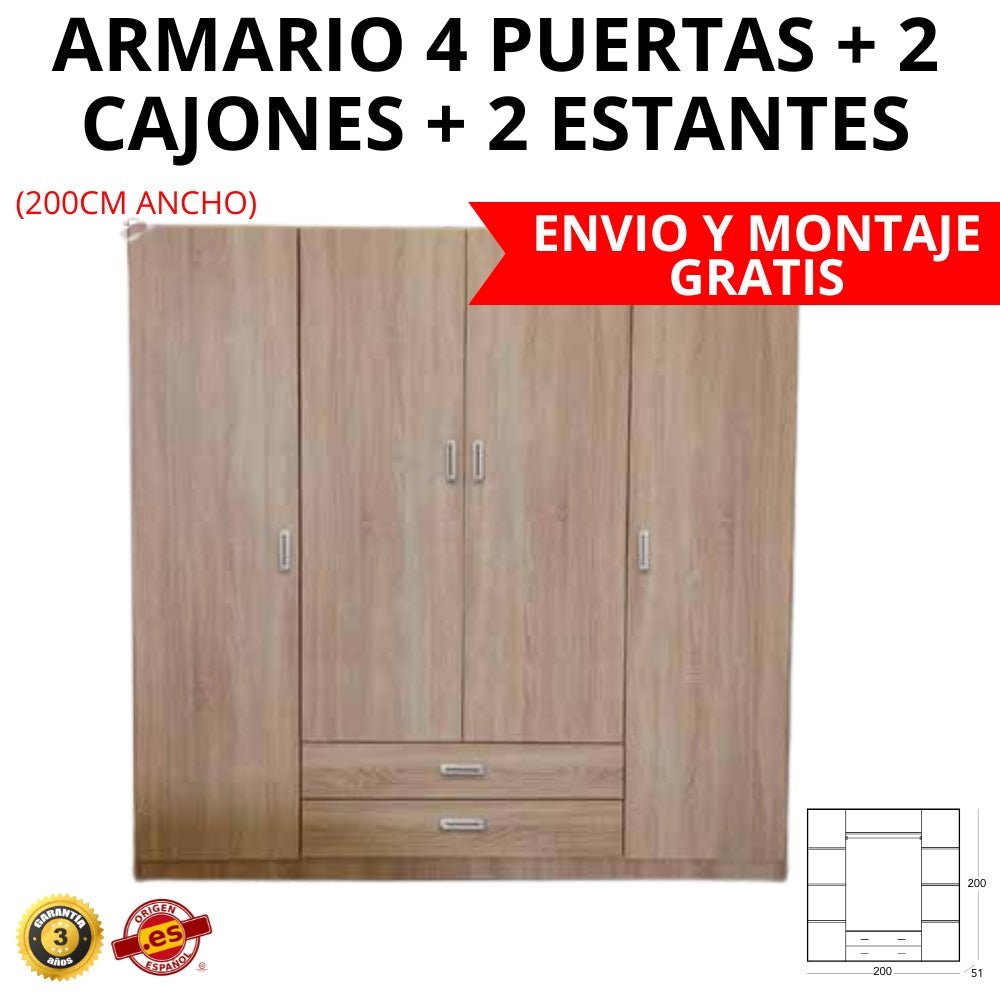 ARMARIO 4 PUERTAS 2 CAJONES CENTRALES